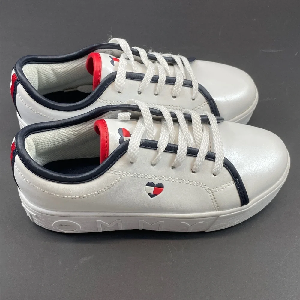 Tommy Hilfiger White Faux Leather Sneakers Youth Size 1 Navy Red Trim